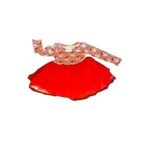 Clover‎ Cottage Christmas Dress for Girls Red Tulle Skirt Stripe Long Sleeve